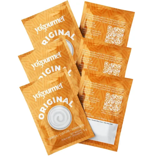 Yogourmet Iniciador de yogur (6 sobres = 6 cuartos de galón de yogur) - Haz yogur en casa - Cultivo básico - Todo natural, sin gluten, kosher, halal