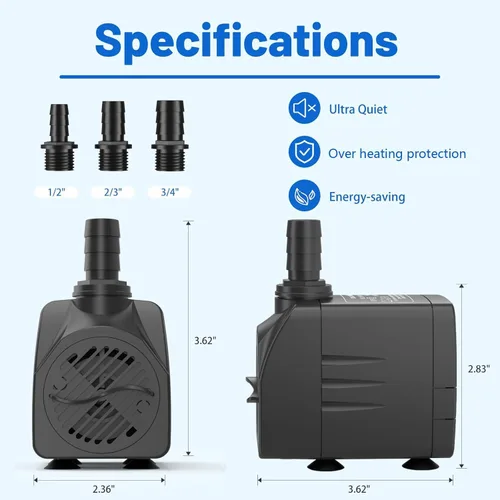 Miniatura 6 de Knifel Bomba sumergible de 400 GPH (1500L/H, 25W), bomba de fuente ultra silenciosa con 6.5 pies de elevación, bomba de estanque para pecera