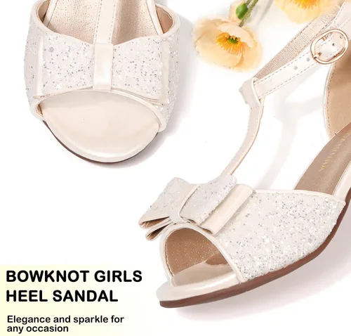 Miniatura 2 de PANDANINJIA Sally Girls Heels, Girls Dress Shoes Pump T Strap Open Toe Bow Rhinestone Girls Sandals for Toddler Little Kid Big Kid