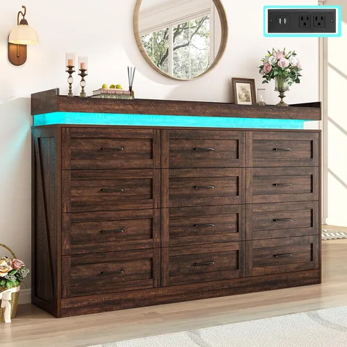 Cómoda grande de 180 cm de ancho por 117 cm de alto con 12 cajones estilo granja para dormitorio con luz LED y tomas de corriente, cómoda de madera
