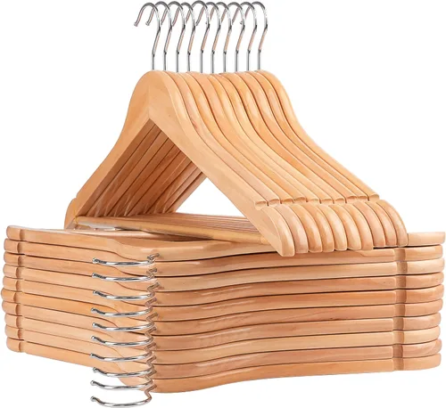 Miniatura 10 de Paquete de 10 perchas de madera antideslizantes con gancho giratorio de 360° y muescas, perchas sólidas y delgadas para camisa, traje, chaqueta