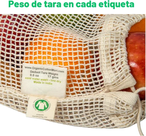 Miniatura 8 de Bolsas reutilizables de malla de algodón para productos – 100% algodón orgánico, duraderas, doble costura, lavables con peso de tara y cordón