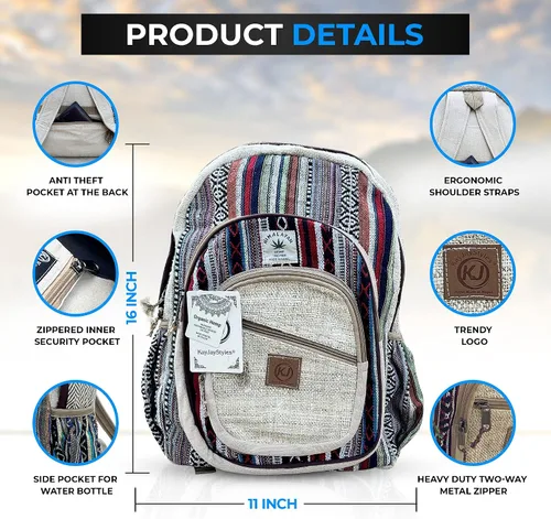 Miniatura 3 de KayJayStyles Natural - Mochila grande de cáñamo Nepal hecha a mano, BKPK-2, Computadora portátil