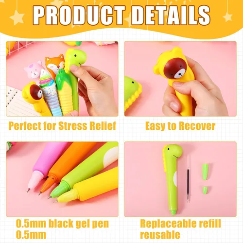 Miniatura 2 de PerKoop 40 bolígrafos blandos Kawaii con recambios, suministros de estrés para apretar, tinta de gel estacionaria de animales de dibujos animados