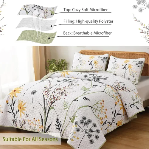Miniatura 5 de Dobuyly Juego de edredón floral verde salvia, tamaño King, edredón de flores botánicas amarillas y blancas de 3 piezas, juego de colcha de primavera