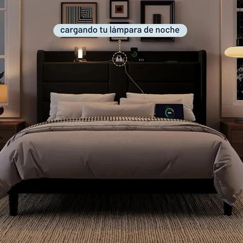 Miniatura 9 de Allewie Base de cama de plataforma tamaño Queen con estación de carga y cabecera de almacenamiento, diseño tapizado de terciopelo con respaldo