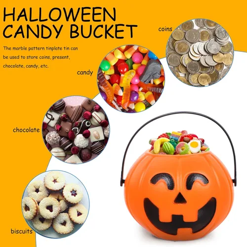 Miniatura 3 de Cubo de calabaza naranja de 6.7 pulgadas de plástico para dulces con asa para niños truco o trato fiesta de Halloween