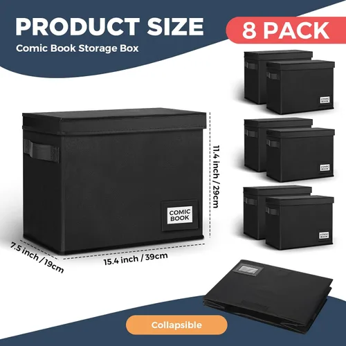 Miniatura 2 de Lincia Paquete de 8 cajas de almacenamiento de cómics, 15.4 x 7.5 x 11.4 pulgadas, organizador plegable con asas, contenedor corto apilable