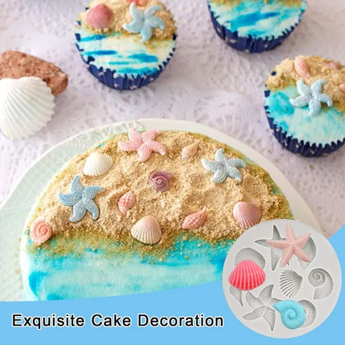 Miniatura 6 de MEMOVAN Molde de silicona bajo el mar, 3 piezas, molde de fondant marino, concha, estrella de mar, molde de silicona para hornear para debajo