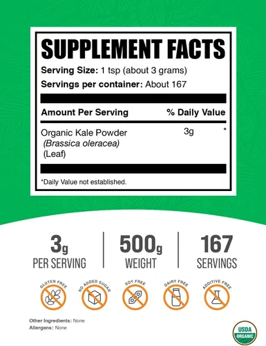 Miniatura 3 de BulkSupplements. com Polvo de col rizada orgánica - Polvo de verduras, suplemento superalimenticio - Vegano y sin gluten, 0.11 oz por porción, 17.64