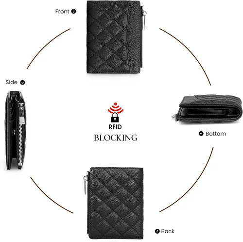 Miniatura 7 de befen Cartera delgada de cuero auténtico con RFID, billetera de dos pliegues para mujer con bolsillo con cremallera y llavero, Negro, Talla única