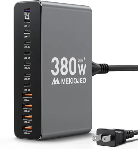 Miniatura 7 de MEKIOJEO 12 puertos de aleación de aluminio 380W estación de carga rápida USB C Bloque de cargador 65W cargador GaN para MacBook Pro/Air/iPad