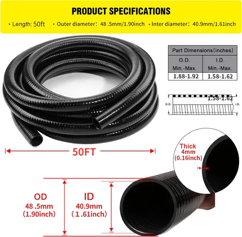 Miniatura 2 de Tubo de PVC flexible de 1.5 pulgadas, tubo de PVC negro, manguera de piscina ID1.5 pulgadas x 50 pies, tubo de manguera de spa para estanques Koi