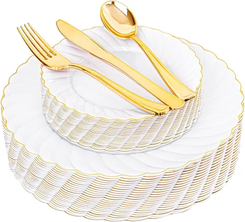 YOUBET 125 platos de plástico blanco con borde dorado, platos dorados desechables con cubiertos dorados, incluyen 25 platos llanos, 25 platos de