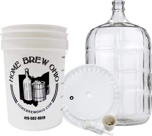 Home Brew Ohio Configuración de fermentación primaria y secundaria de cinco galones (Carboy de 5 galones, cubo y tapa de 6.5 galones, con Bung y