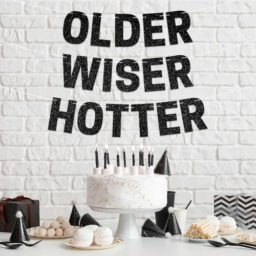 Miniatura 3 de Cartel preencordado de Older Wiser Hotter - No DIY - Cartel negro para fiesta de feliz cumpleaños con purpurina - Guirnalda preencordada en hebras