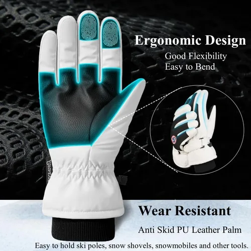 Miniatura 3 de JJZS Guantes de nieve de esquí de invierno para hombres, mujeres, jóvenes Guantes de calentamiento de manos impermeables para pantalla táctil