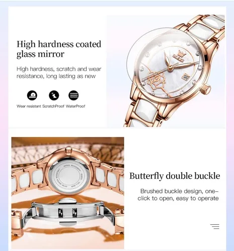 Miniatura 9 de OLEVS Relojes para mujer, oro rosa, de dos tonos, de moda, de cerámica, blanco, esfera rosa, roja, acero inoxidable, fecha impermeable