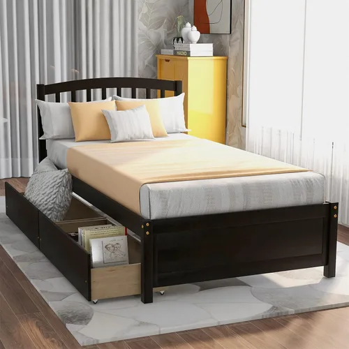 Harper & Bright Designs Cama individual con cajones, marco de cama de madera con cabecero y estribo, plataforma de madera para niños, niñas, niños,
