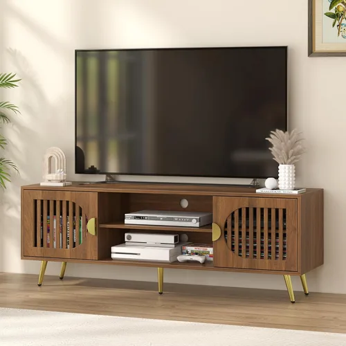 Soporte de TV de nogal de 55 pulgadas para televisores de hasta 65 pulgadas, mesa consola central de entretenimiento moderna de mediados de siglo