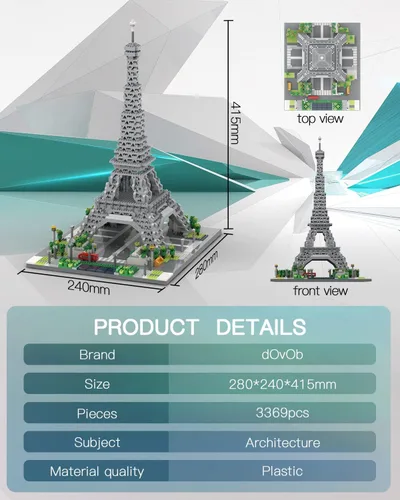 Miniatura 6 de dOvOb Architecture - Juego de microbloques de la Torre Eiffel, 3369 piezas de mini ladrillos 3D, juguete de rompecabezas 3D, regalo para adultos