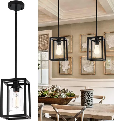 Iluminación colgante de cocina sobre isla, lámpara colgante estilo granja de 1 luz negro mate, accesorios de luz colgante rectangulares de metal
