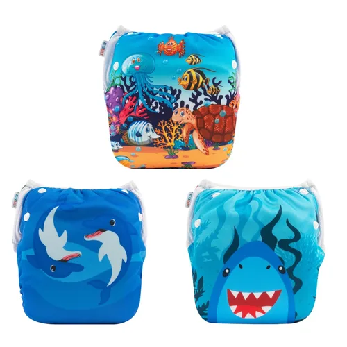 Miniatura 101 de Alva, Pañales de bebé para nadar, paquete de 2 unidades, talle único, reutilizable, lavable y ajustable de 0 a 36 meses. Tamaño de 10 a 40 lbs