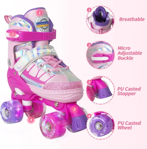 Miniatura 3 de MammyGol Roller Skates for Kids Boys Girls, Adjustable Quad Skates with Light Up Wheels for Toddler Little Kids Ages 6-12, Beginners Outdoor Sports