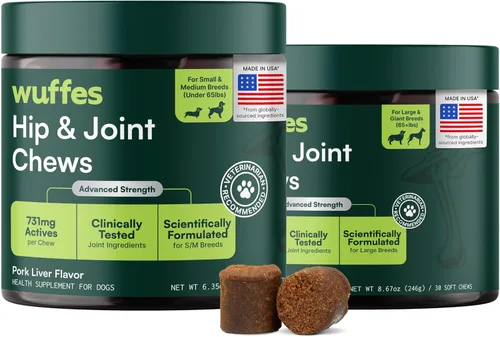 Wuffes Suplemento avanzado para cadera y articulaciones de perro con glucosamina, condroitina, omega 3, MSM y mejillón de labios verdes (paquete de