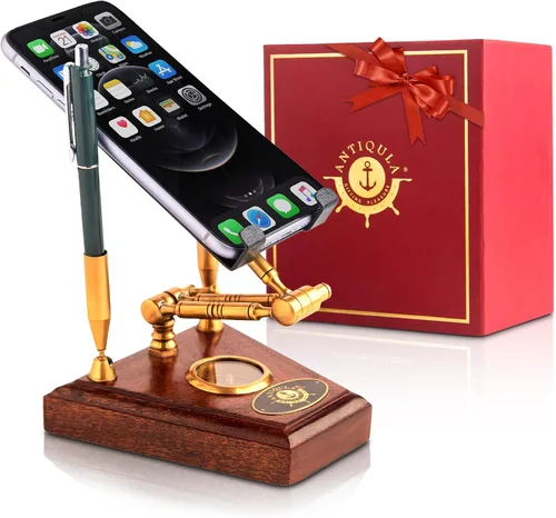 Soporte de madera para teléfono móvil con bolígrafo y brújula de latón – Organizador de escritorio vintage, soporte multifunción para teléfono