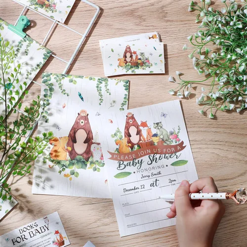 Miniatura 4 de Containlol Juegos de 28 invitaciones para baby shower de animales del bosque, boletos para rifas de pañales, tarjetas de solicitud de libro de baby
