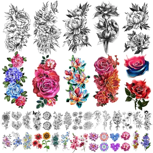 Yazhiji 40 hojas de tatuajes temporales impermeables, colección de flores grandes, calcomanías de tatuaje falsas duraderas para mujeres o niñas,