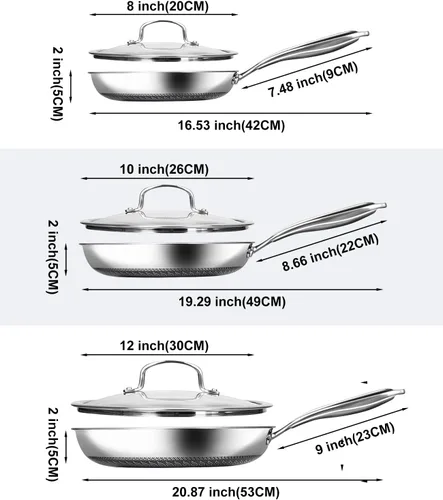 Miniatura 2 de USELUCK Juego de Sartenes Antiadherentes, Sartenes Híbridas No Tóxicas de 8, 10 y 12 Pulgadas con Tapas, Aptas para Lavavajillas y Horno, Listas