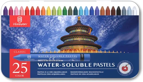 iCrayon 25 colores pasteles solubles en agua, juego de pastel de acuarela para principiantes y aficionados, incluye sacapuntas, paleta y pincel para