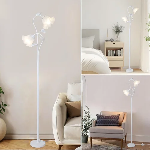 Miniatura 7 de HMVPL Lámpara de pie blanca con flores, lámpara alta floral con 2 bombillas LED de 5W, interruptor de pie, lámpara de pie moderna de esquina