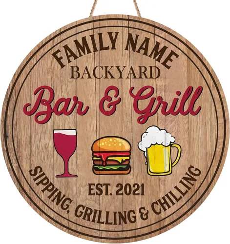 Miniatura 11 de Artsy Woodsy Letrero personalizado para bar y parrilla en el patio trasero (no tallado o neón), decoración de placa artística de pared, accesorios