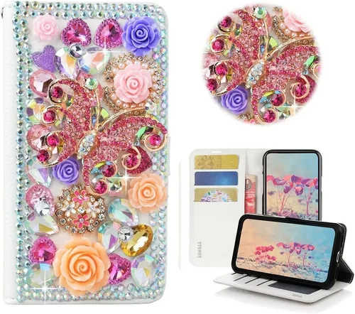 Bling - Funda tipo cartera para teléfono compatible con Samsung Galaxy S22 Ultra, elegante funda de cuero con diseño de flores de mariposa y rosas