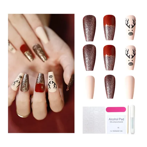 Miniatura 12 de Año Nuevo Navidad Prensa en Uñas Largas Ataúd Acrílico Uñas Falsas Kit Navidad Copo de Nieve Decoración de Uñas Falsas Bailarina Uñas Falsas Puntas