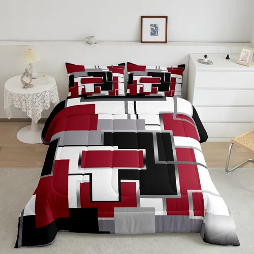 Miniatura 12 de Erosebridal Edredón Cuadrado para Niños y Niñas, Juego de Ropa de Cama Negro y Gris Blanco Azul Marino, Juego de Edredón Geométrico Completo