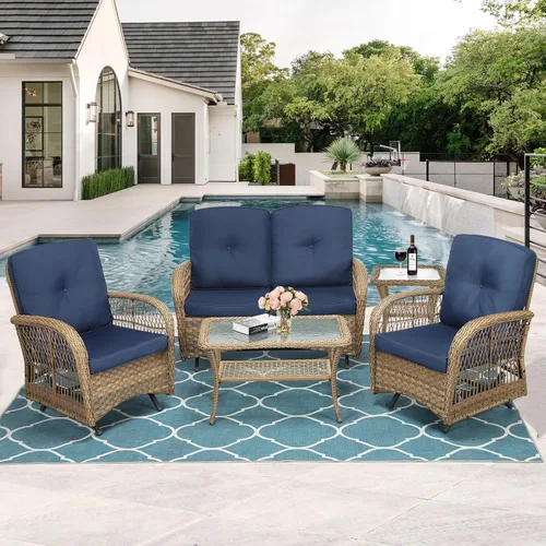Miniatura 53 de MEETWARM Juego de 3 piezas de mimbre giratorio para patio al aire libre, mecedoras, juegos de muebles de patio de ratán con cojín grueso y mesa