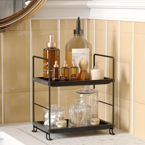 Miniatura 5 de NLBTW Organizador de encimera de baño de 2 niveles, de plástico grueso, organizador de perfumes para el cuidado de la piel para tocador, instalación