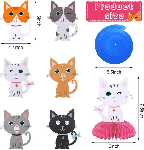 Miniatura 2 de Chinco Kit de 16 Piezas de Suministros de Fiesta de Cumpleaños con Tema de Gato, Incluye Bandera de Fiesta de Gato con 6 Recortes Colgantes, 6