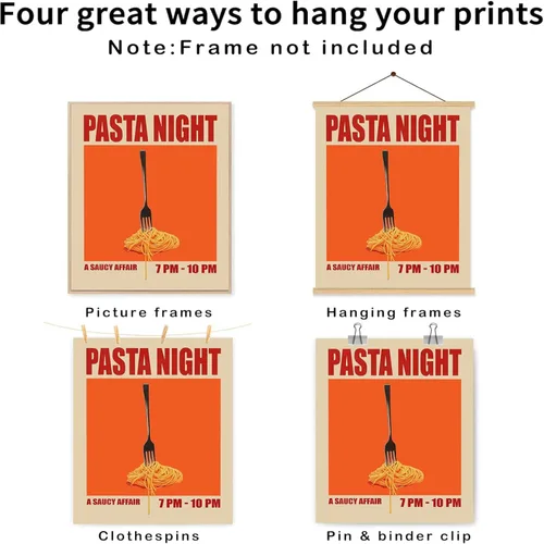 Miniatura 6 de Pósteres nocturnos de pasta retro, arte divertido de comida de fideos, arte de mediados de siglo, lienzo de cocina moderna de mediados de siglo