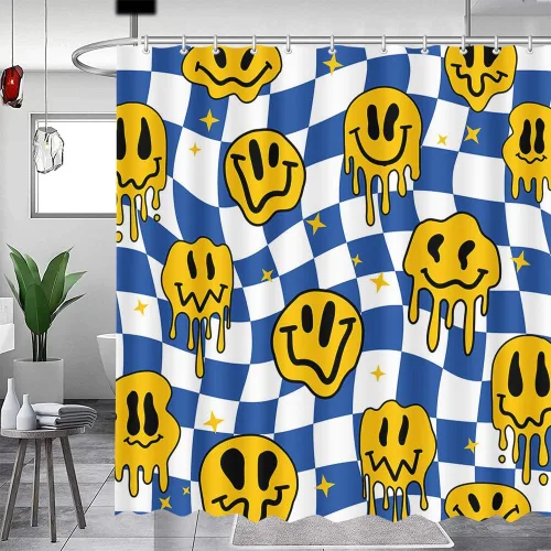 Miniatura 14 de MEHOFOND Cortina de ducha a cuadros negros y blancos, divertidas cortinas de ducha con cara sonriente para decoración de baño, cortinas de ducha