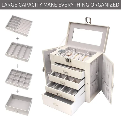 Miniatura 3 de FEIYAN Joyero para mujer de 5 capas de cuero organizador de joyas con cajonesespejo caja de joyería blanca grande para collares anillos aretes