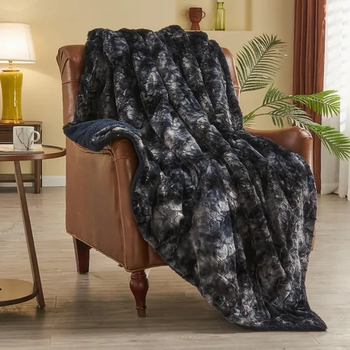 NEWCOSPLAY - Manta de piel sintética súper suave con teñido anudado negro para sofá, manta Sherpa peluda y suave para cama (teñido anudado negro,