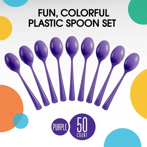 Miniatura 3 de Exquisite Cucharas de plástico moradas, 50 piezas, cucharas moradas, utensilios desechables, juego de cubiertos de plástico resistente