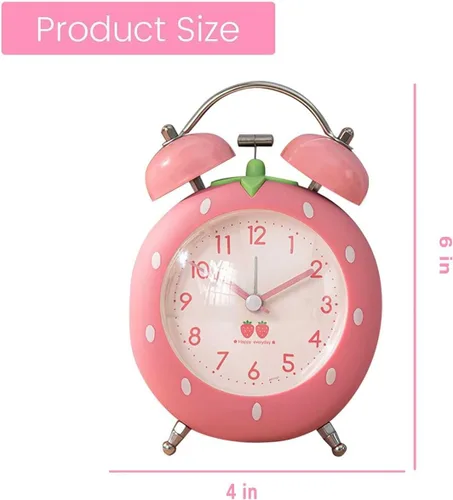 Miniatura 4 de Bonito reloj despertador de fresa de 4 pulgadas para personas que duermen con luz de fondo, reloj despertador de campana doble ruidosa para niños
