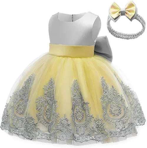 Miniatura 2 de Vestido de encaje bordado con lazo para bebé, para cumpleaños, boda, fiesta formal, tutú con gorro