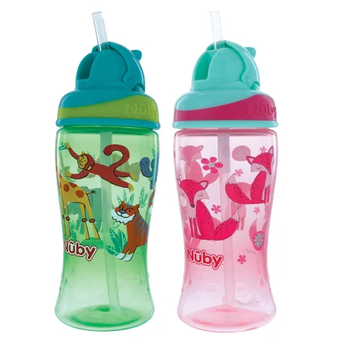 Miniatura 2 de Nuby 2pkThirsty Kids Flip-it - Taza de refuerzo impresa con popote fino y suave, 12 onzas, más de 18 meses, el paquete de 2 unidades puede variar